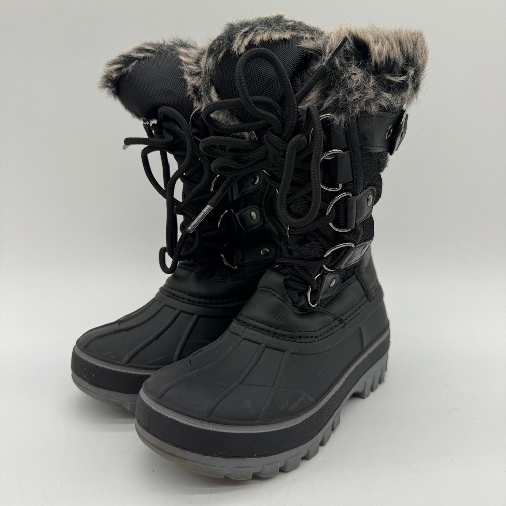 Toddler US 11 Black Winter Snow Boots Faux Fur Lined Lace Up Side Zip